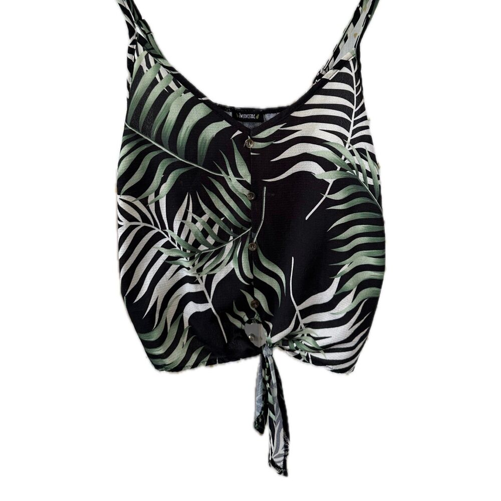 JWLovesMe Hawaiian Inspired Tropical Palm Leaves Faux Button Front Tie Cami Top